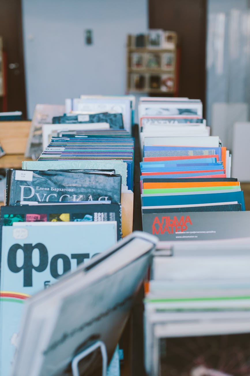 Organized library shelves displaying categorized information and reference materials